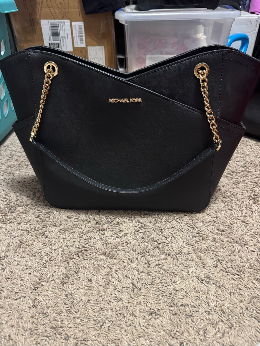 Michael Kors Jet Set Travel Large Top Zip Chain Tote Black Saffiano Leather